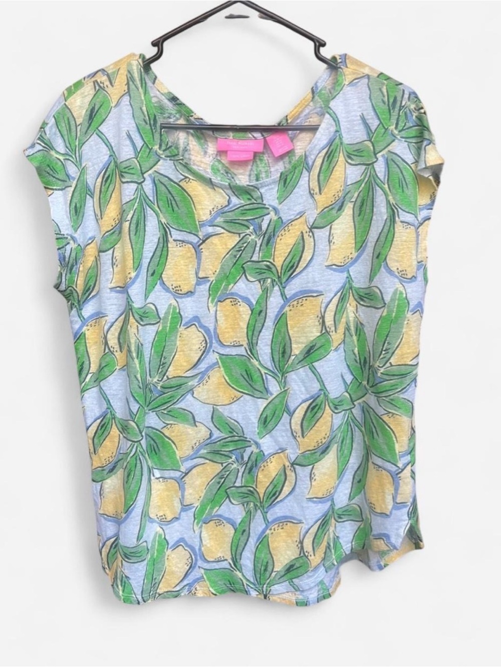 Isaac Mizrahi 100% Linen Yellow Green Lemon Print Scoop Neck Summer Tee XL